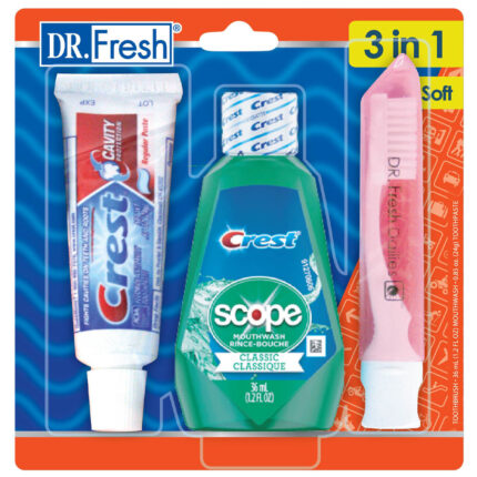Dr. Fresh Travel Kit Toothbrush Soft W/Case/Scope Mouthwash/Crest Toothpaste 1 Ct