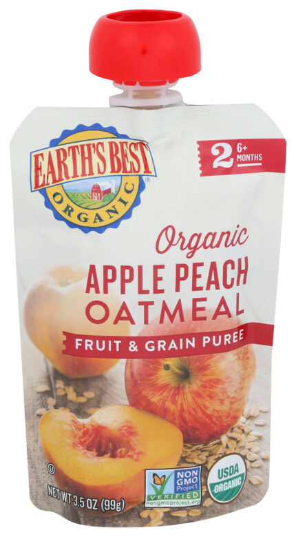 Earth'S Best, Organic Baby Food Pouch Stage 2 Apple Peach Oatmeal Puree, Case Of 12, 3.5 Oz