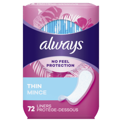 Always, Thin No-Feel Protection Daily Liners Regular Absorbency Unscented, Case Of 12, 72 Ct