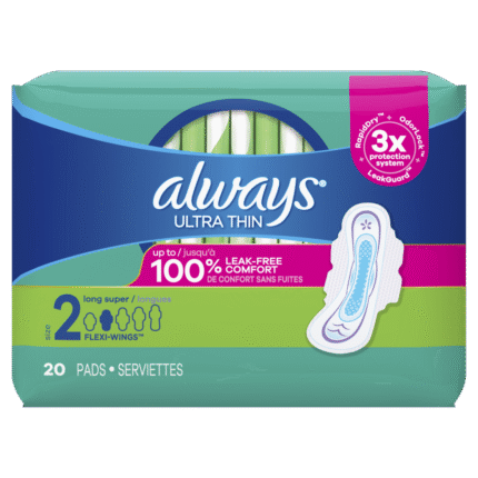 Always, Ultra Thin Pads With Flexi-Wings Size 2 Long Super Unscented Up To 100% Leak-Free Comfort, Case Of 6, 20 Ct