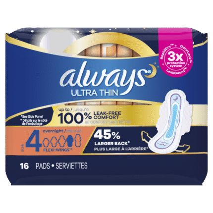 Always, Ultra Thin Pads Size 4 Overnight With Flexi-Wings Unscented Up To 100% Leak-Free Comfort, Case Of 6, 16 Ct