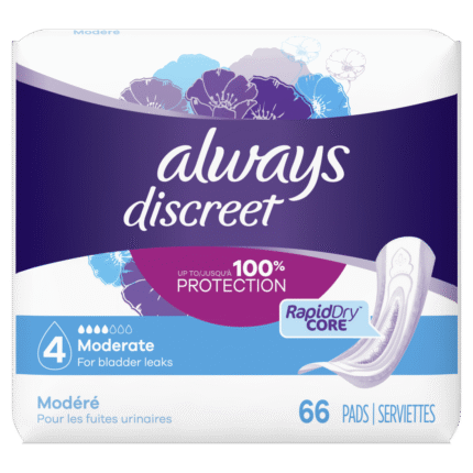 Always, Discreet Incontinence Pads Rapiddry Core 4 Moderate Absorbency Regular Length, 1 Each, 66 Ct