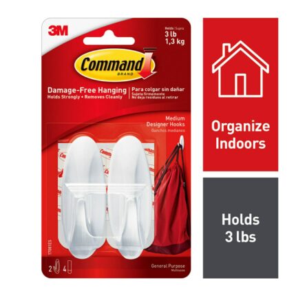 Command, Medium Designer Hooks 3 Lb White 2 Hooks 4 Strips, Case Of 6, 2 Ct