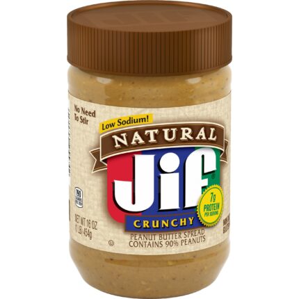 Jif, Low Sodium Natural Crunchy Peanut Butter Spread Plastic Jar, Case Of 12, 16 Oz