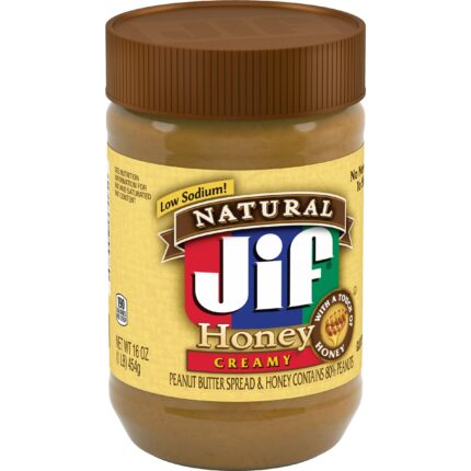 Jif, Low Sodium Natural Honey Creamy Peanut Butter Spread Plastic Jar, Case Of 12, 16 Oz