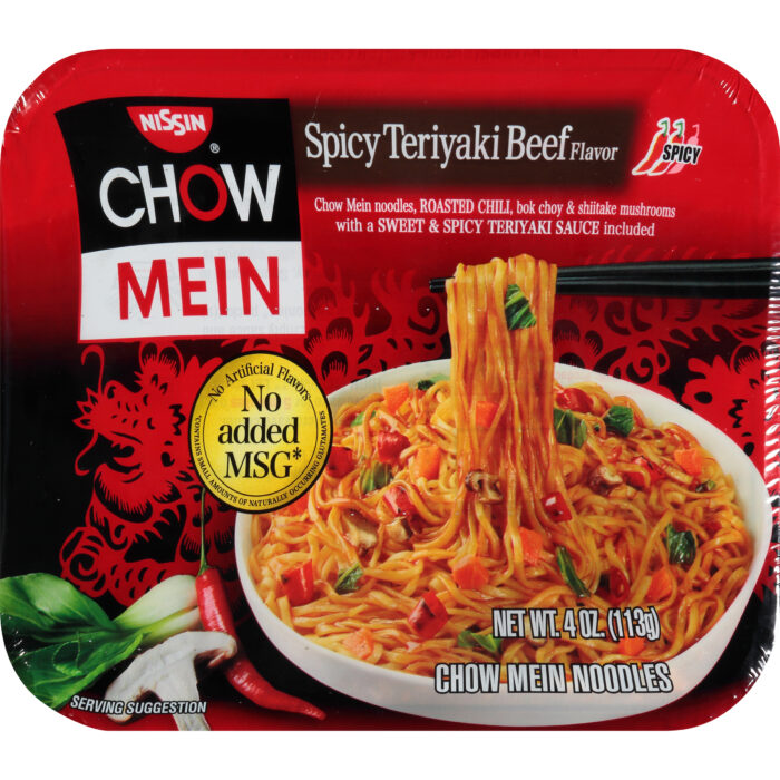 Nissin, Premium Spicy Teriyaki Beef Flavor Chow Mein Noodles Tray, Case Of 8, 4 Oz - Image 1