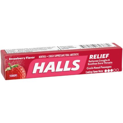 Halls, Menthol Cough Supressant/Oral Anesthetic Drops Strawberry Flavor, Case Of 20, 9 Ct