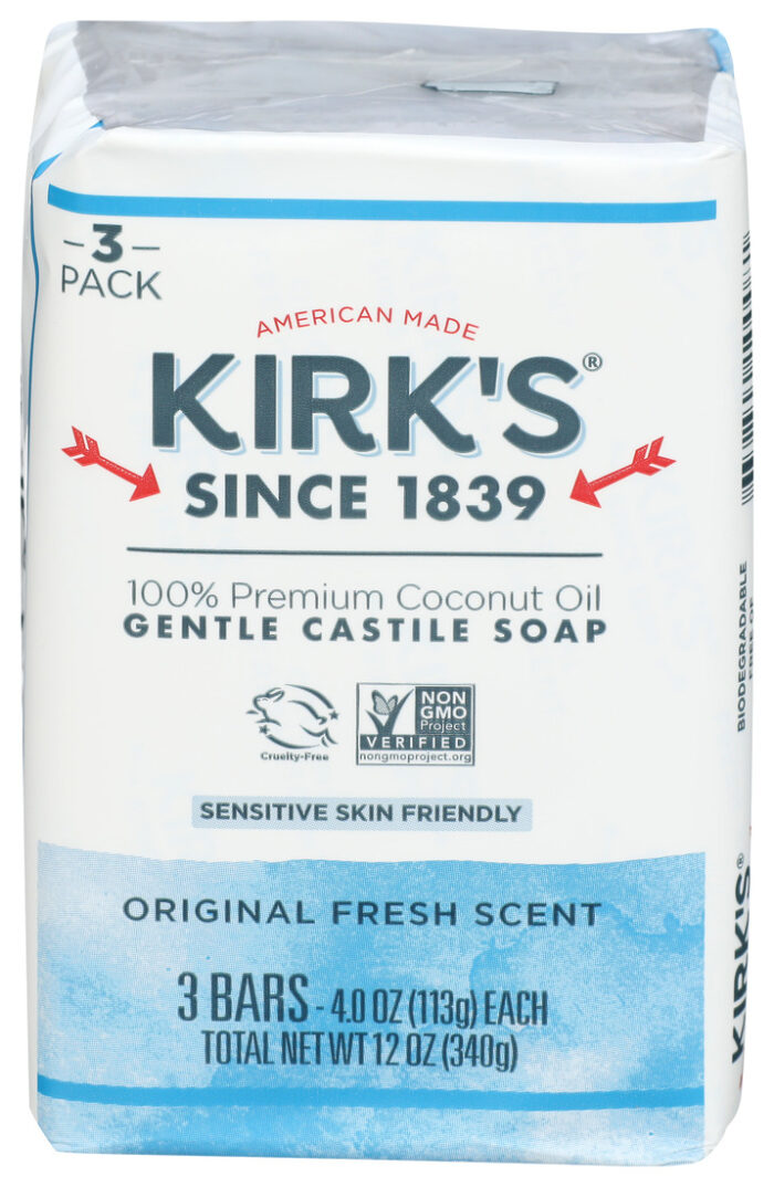 Kirks, Gentle Castile Soap 100% Premium Coconut Oil Original Fresh Scent 3 Bars, Case Of 16, 12 Oz - Image 1
