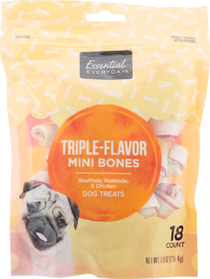 Essential Everyday, Dog Treats Mini Bones Triple Flavor Beefhide With Porkhide & Chicken, Case Of 3, 18 Ct