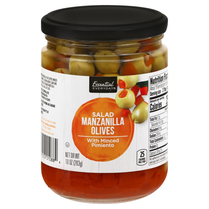 Essential Everyday, Salad Manzanilla Olives With Minced Pimiento , Case Of 12, 10 Oz - Image 1