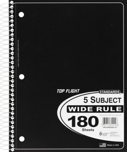 Top Flight, 5 Subject Notebook, Wide Rule, Case Of 12, 1 Ct