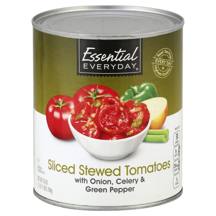 Essential Everyday, Sliced Stewed Tomatoes With Onion Celery & Bell Pepper, Case Of 12, 28 Oz - Image 1