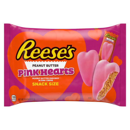 Reese'S, Pink Creme Peanut Butter Snack Size Pink Hearts Candy Valentine'S Day Bag, Case Of 24, 9.6 Oz
