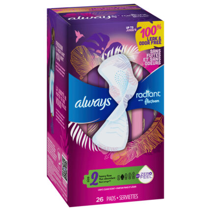 Always, Radiant Flexfoam Pads For Women Size 2 Heavy Flow Absorbency 100% Leak And Odor Free Protection With Wings Scented, Case Of 3, 26 Ct