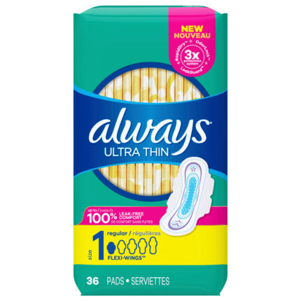 Always, Ultra Thin Pads With Flexi-Wings Size 1 Regular Unscented Up To 100% Leak-Free Comfort, Case Of 6, 36 Ct