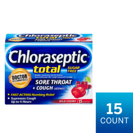 Chloraseptic, Total Sore Throat Plus Cough Lozenges Sugar Free Wild Cherry, Case Of 6, 15 Ct