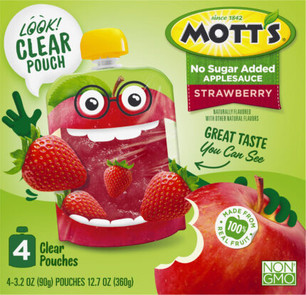 Mott'S, No Sugar Added Strawberry Applesauce Clear Pouches 4Ct/3.2 Oz, Case Of 6, 12.8 Oz