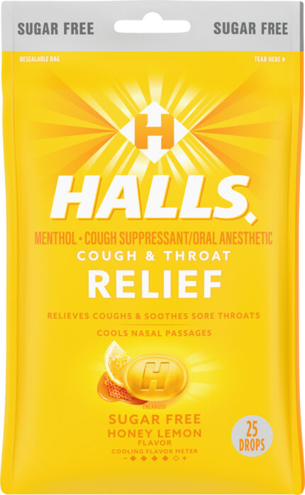 Halls, Cough & Throat Relief Sugar-Free Drops Honey Lemon Flavor, Case Of 12, 25 Ct