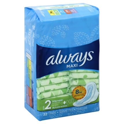 Always, Maxi Pads Size 2 Absorbency Long Super With Flexi-Wings Leakguard Protection, Case Of 6, 32 Ct