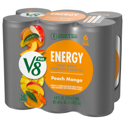 V8, Plus Energy Peach Mango Juice Drink 6 Cans, Case Of 4, 48 Fl Oz