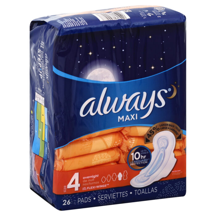 Always, Maxi Pads Overnight Size 4 With Wings, Case Of 6, 26 Ct - Image 1
