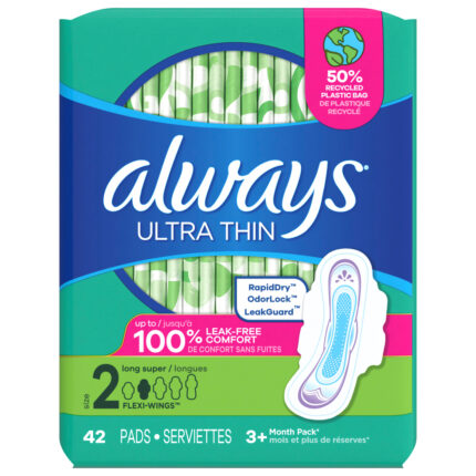 Always, Ultra Thin Feminine Pads With Wings For Women Size 2, Case Of 3, 42 Ct
