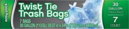 Easy Pack, Twist Tie Trash Bags 30 Gallon, Case Of 6, 7 Ct