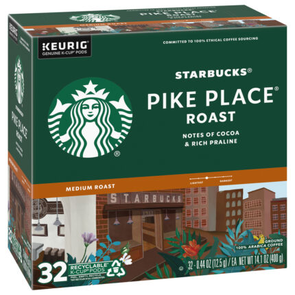 Starbucks, K Cup Pods Medium Roast Ground 100% Arabica Pike Place Roast Coffee 32 Pods, Case Of 4, 14.1 Oz