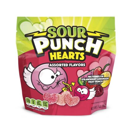 Sour Punch, Candy Hearts Assorted Flavors Watermelon Strawberry Lemonade And Fruit Punch, Case Of 6, 7 Oz