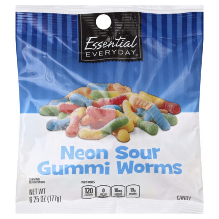 Essential Everyday, Neon Sour Gummi Worms Candy, Case Of 12, 6.25 Oz