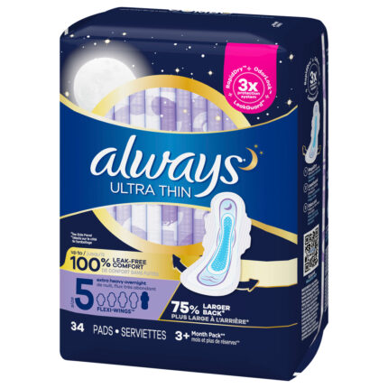 Always, Ultra Thin Overnight Pads With Wings Rapiddry + Odorlock Size 5 Extra Heavy Overnight Unscented, Case Of 3, 34 Ct
