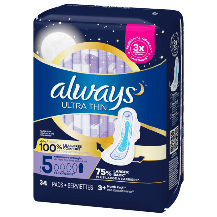 Always, Ultra Thin Overnight Pads With Wings Rapiddry + Odorlock Size 5 Extra Heavy Overnight Unscented, Case Of 3, 34 Ct - Image 1
