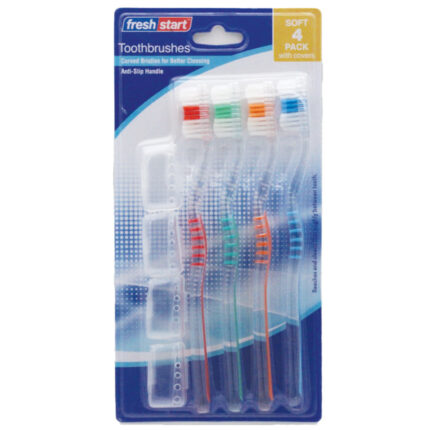 Fresh Start Toothbrush 4 Pack + 4 Caps Soft Assorted Translucent Colors