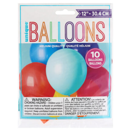 Unique, Assorted Color 12 Inch Balloons, Case Of 12, 10 Ct
