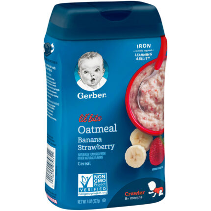 Gerber, 3Rd Foods Cereal For Baby Grain And Grow Lil Bits Baby Cereal Banana Strawberry Oatmeal Canister, Case Of 6, 8 Oz