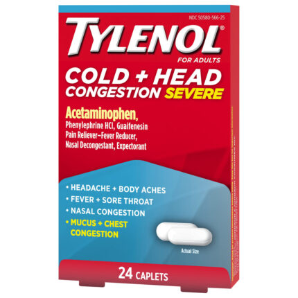 Tylenol, Caplets For Adults Congestion Severe Cold And Head, Case Of 6, 24 Ct