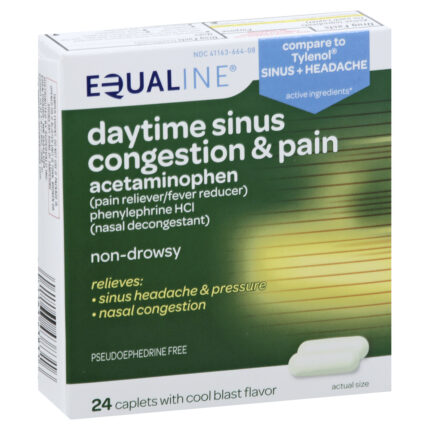 Equaline, Sinus Congestion & Pain Acetaminophen Daytime Caplets Cool Blast Flavor, Case Of 6, 24 Ct