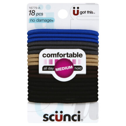 Scunci, No Damage Comfortable Medium Hold Blue/Black Hair Elastics, Case Of 3, 18 Ct