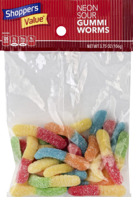Shoppers Value, Neon Sour Gummy Worms, Case Of 12, 3.75 Oz