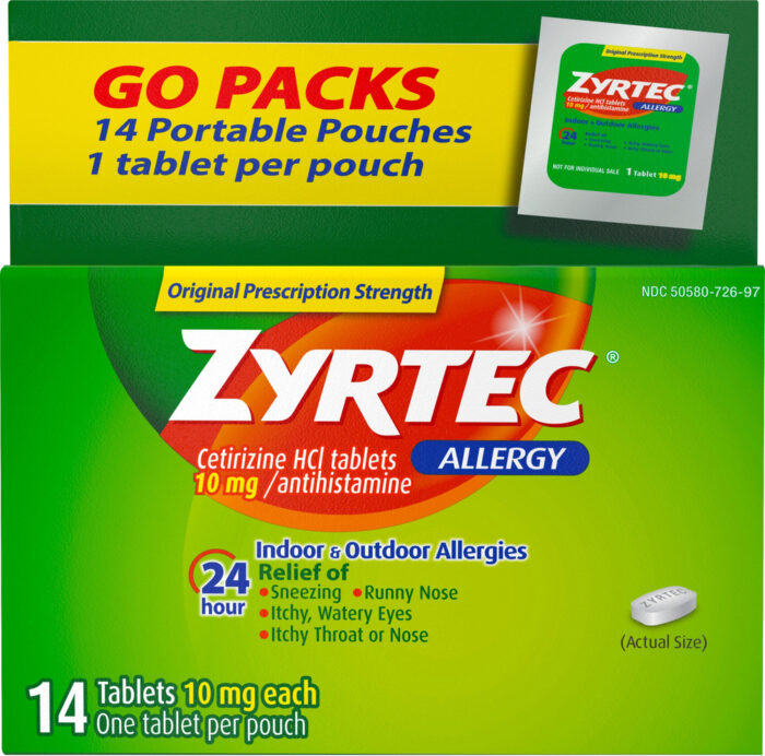 Zyrtec Allergy, Go Packs Tablets Original Prescription Strength, Case Of 4, 14 Ct - Image 1