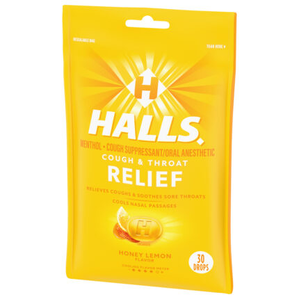 Halls, Cough & Throat Relief Drops Honey Lemon Flavor, Case Of 12, 30 Ct