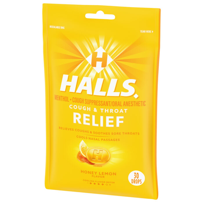 Halls, Cough & Throat Relief Drops Honey Lemon Flavor, Case Of 12, 30 Ct - Image 1