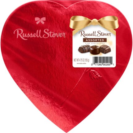 Russell Stover, Chocolate Red Foil Heart Box Assorted, Case Of 12, 4.75 Oz