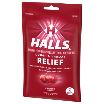 Halls, Cough & Sore Throat Relief Drops Cherry Flavor, Case Of 12, 30 Ct