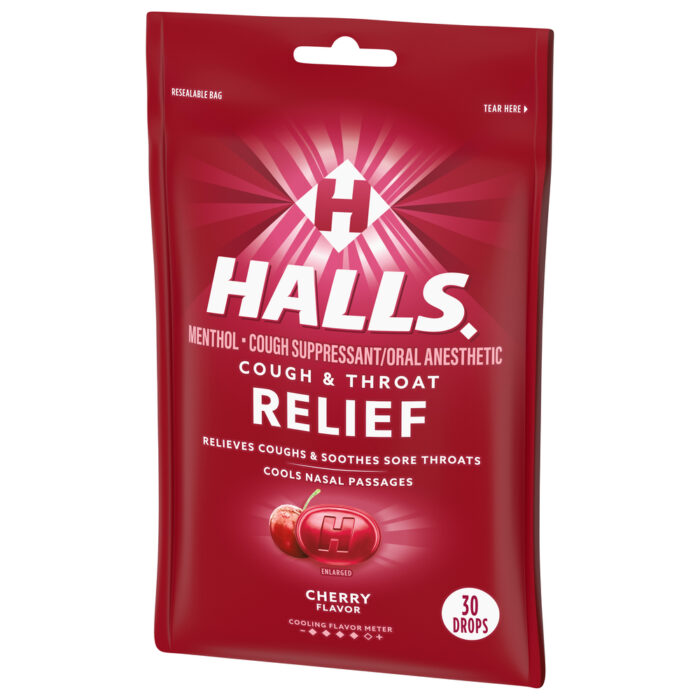 Halls, Cough & Sore Throat Relief Drops Cherry Flavor, Case Of 12, 30 Ct - Image 1