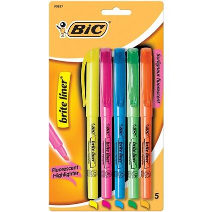 Bic, Brite Liner Highlighter With Pocket Clip Chisel Tip Assorted Color, Case Of 6, 5 Ct