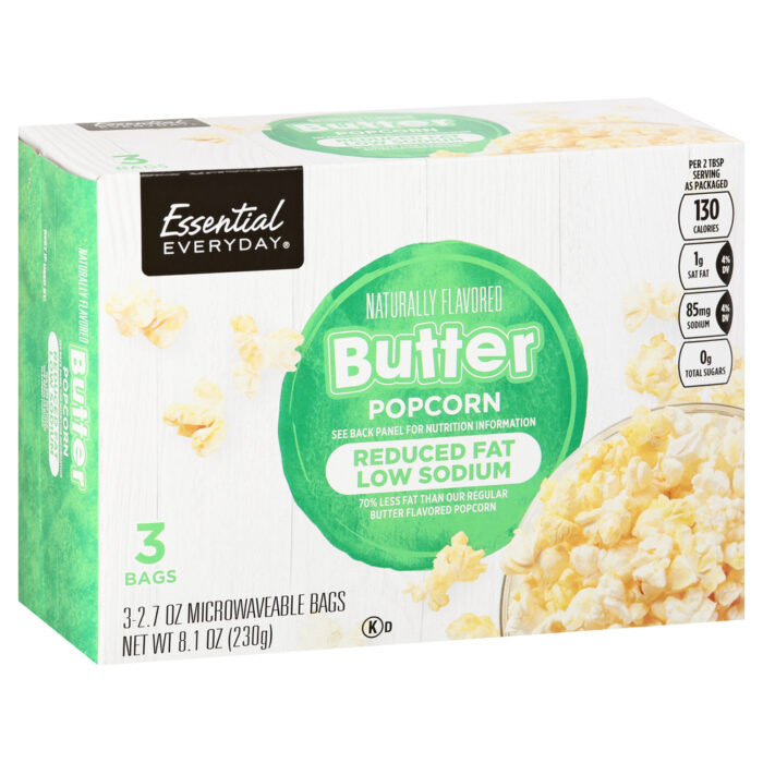 Essential Everyday, Naturally Flavored Butter Popcorn Reduced Fat Low Sodium 3 Bags, Case Of 12, 8.1 Oz - Image 1