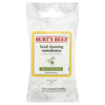 Burt'S Bees, Facial Cleansing Towelettes With Cotton Extract  Sensitive Skin, Case Of 8, 10 Ct