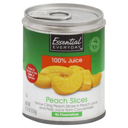 Essential Everyday, Yellow Cling Peach Slices In Peach Juice And Pear Juice From Concentrate, Case Of 12, 8.25 Oz