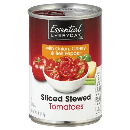 Essential Everyday, Sliced Stewed Tomatoes With Onion Celery & Bell Pepper, Case Of 24, 14.5 Oz